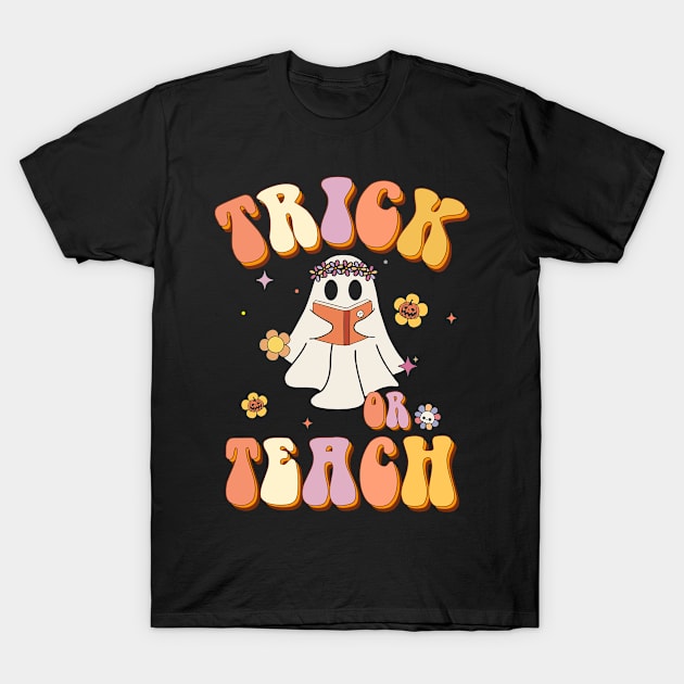 Retro Vintage Groovy Trick Or Teach Halloween Teacher Life Women T-Shirt by Ene Alda